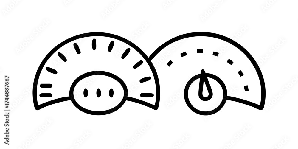 Fototapeta premium Two speedometer style gauges with different markings and needle positions in a simple line drawing