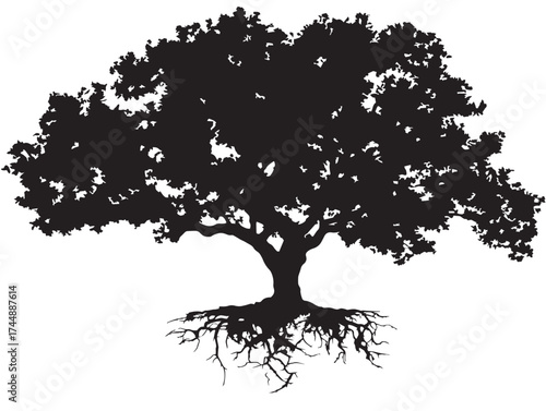 Majestic Dense Tree With Strong Roots In Solid Black Silhouette