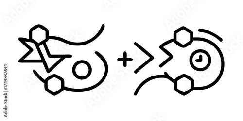 Schematic diagram illustrating a process with geometric shapes and a clock indicating time passing