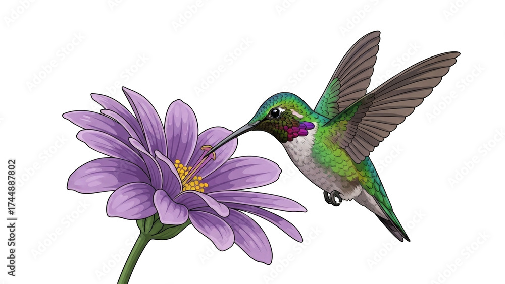 Obraz premium vibrant illustration of a hummingbird gracefully feeding on nectar from a purple flower, showcasing nature's beauty.