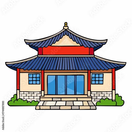 Traditional Korean house courtyard features stone pathways and tiled roofs