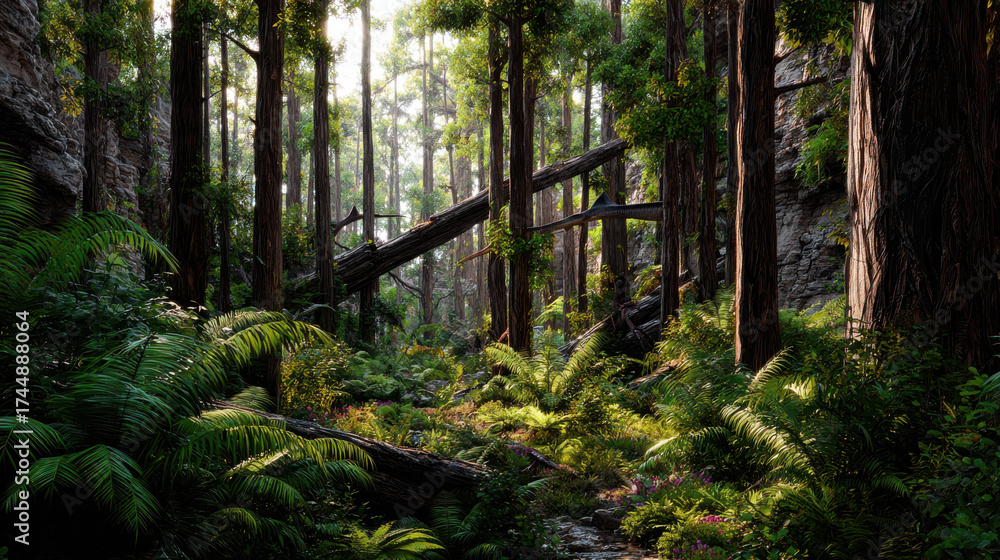 Fototapeta premium Lush forest scene showcases towering trees and vibrant ferns, embodying beauty of nature revival of extinct species