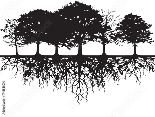 Lush Group Of Trees With Visible Root Systems Vector Art