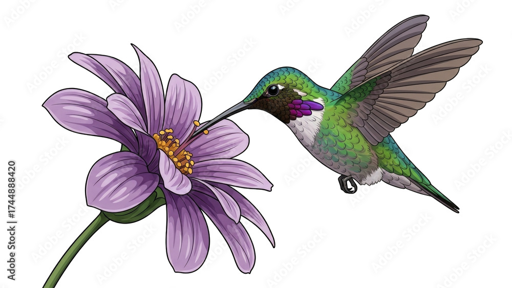 Obraz premium Illustration of a hummingbird feeding on a purple flower with a long beak.