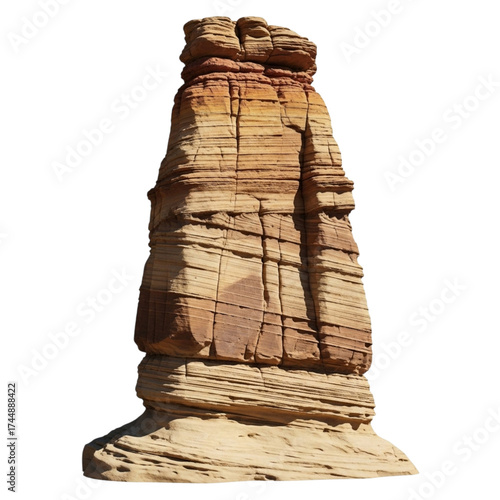 Tall sandstone rock formation isolated on transparent background