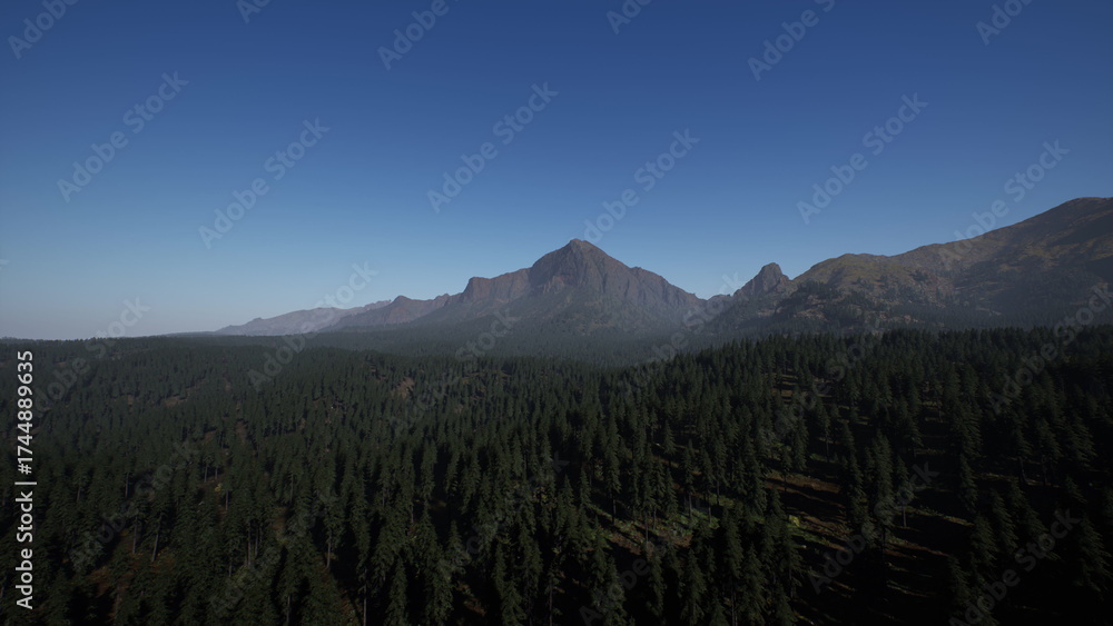 Fototapeta premium A breathtaking view of towering mountains under a clear blue sky, bathed in early morning light. The lush greenery below stretches as far as the eye can see, creating a serene atmosphere.
