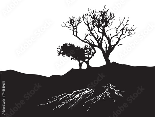Arid Landscape With Silhouetted Trees And Root Systems