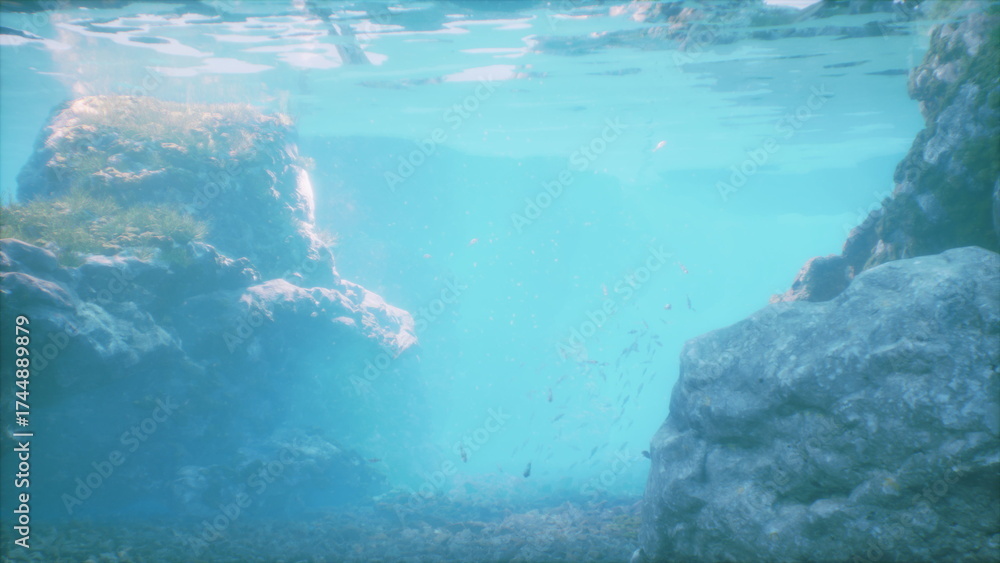 Obraz premium Beneath the surface, gentle waves shimmer as sunlight filters through clear blue water. Rocks create a captivating landscape, while small fish dart playfully among the stones.