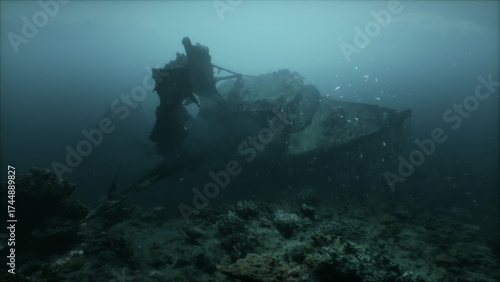 Fotografie In clear blue waters, a sunken ship rests on the ocean floor