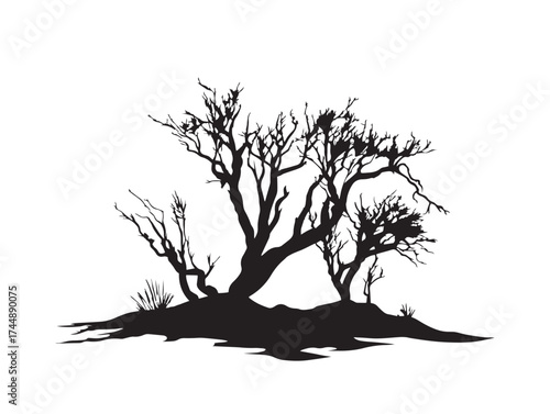 Desert Scene With Trees And Roots In Solid Black