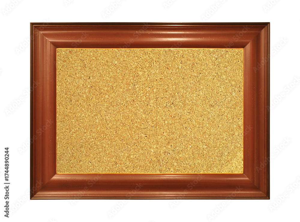 Fototapeta premium Wooden and brown ornamental frame with rectangular beige cork board