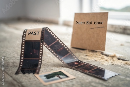 Retro Film Strip with Memory Theme and Nostalgic Caption Displayed on Wooden Surface in Bright Indoor Setting
