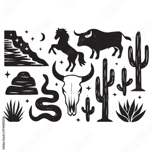 Linocut western boho set vector silhouette