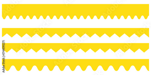 Horizontal zig zag line. Zigzag stripes set. Scalloped edge vector. Seamless line zigzag pattern design. Simple scalloped border, texture ribbons, seamless pattern Vector illustration