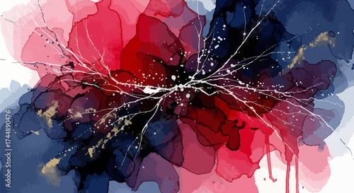 An elegant abstract watercolor background, blending dynamic red and deep blue fluid splashes, creating a captivating open space design ideal for a vibrant fall aesthetic