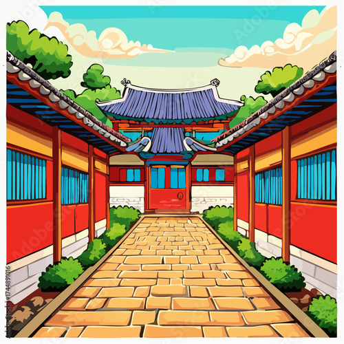 Traditional Korean house courtyard features stone pathways and tiled roofs