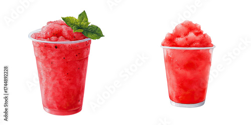 Refreshing Strawberry Slushie in Two Cups with Mint Garnish isolated on transparent background.