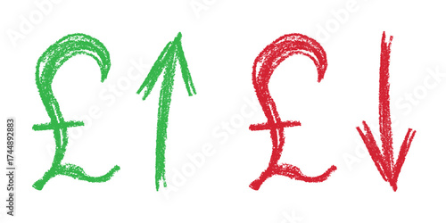 Hand drawn british pound currency symbol Growth and fall profit with arrow up and down Brush stroke doodle Element for design