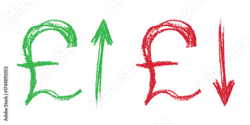 Hand drawn british pound currency symbol Growth and fall profit with arrow up and down Brush stroke doodle Element for design