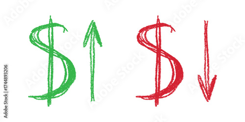 Hand drawn dollar currency symbol Growth and fall profit with arrow up and down Brush stroke doodle Element for design
