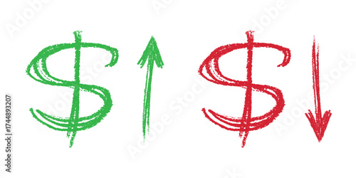 Hand drawn dollar currency symbol Growth and fall profit with arrow up and down Brush stroke doodle Element for design