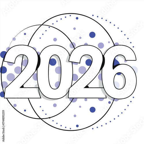 Abstract confetti dots and curved lines forming 2026 digits