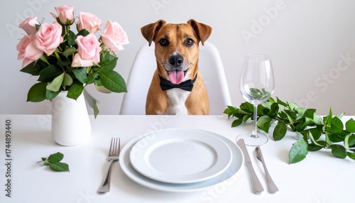 Dog sat at the dinner table with a plate and cutlery licking his lips