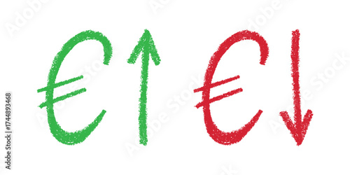Hand drawn euro currency symbol Growth and fall profit with arrow up and down Brush stroke doodle Element for design