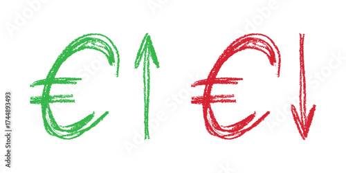 Hand drawn euro currency symbol Growth and fall profit with arrow up and down Brush stroke doodle Element for design