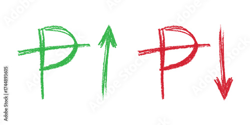 Hand drawn peseta currency symbol Growth and fall profit with arrow up and down Brush stroke doodle Element for design