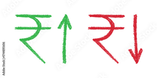 Hand drawn rupee currency symbol Growth and fall profit with arrow up and down Brush stroke doodle Element for design