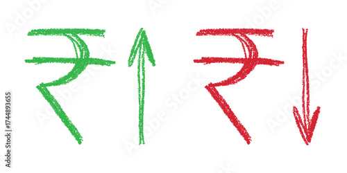 Hand drawn rupee currency symbol Growth and fall profit with arrow up and down Brush stroke doodle Element for design