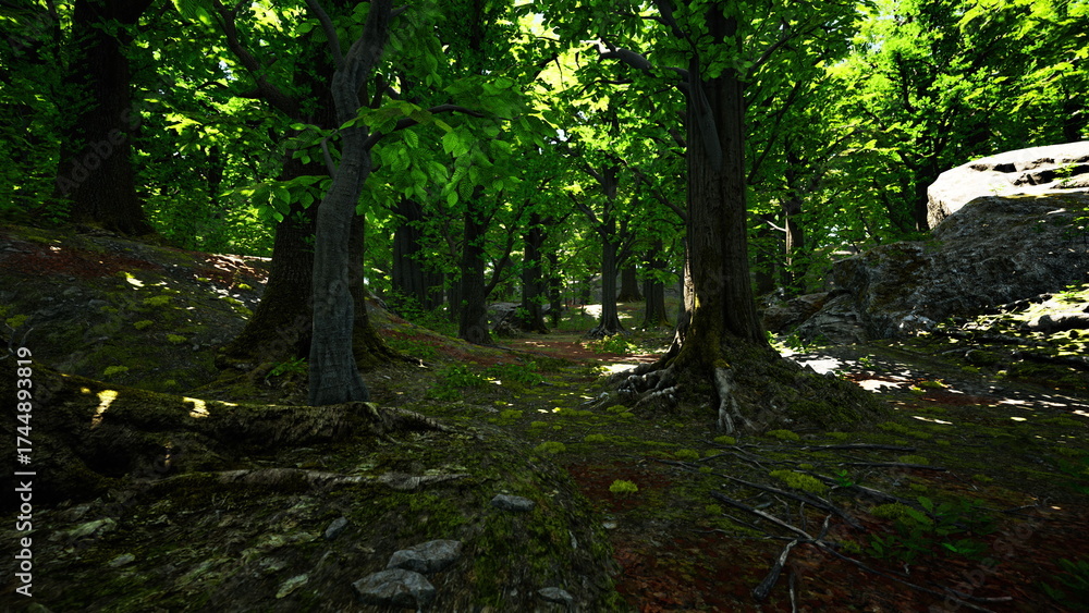 Naklejka premium Sunlight filters through a dense canopy of leaves in a vibrant forest. Tall trees stand majestically, surrounded by rich greenery and soft moss on the ground. A tranquil scene invites exploration.