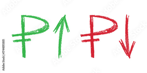 Hand drawn russian ruble currency symbol Growth and fall profit with arrow up and down Brush stroke doodle Element for design