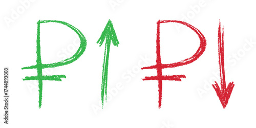 Hand drawn russian ruble currency symbol Growth and fall profit with arrow up and down Brush stroke doodle Element for design