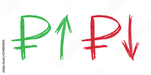 Hand drawn russian ruble currency symbol Growth and fall profit with arrow up and down Brush stroke doodle Element for design