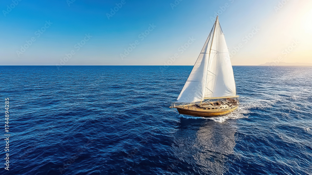 Obraz premium Sailboat with white sails gliding across deep blue ocean waves under clear sky