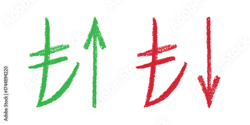 Hand drawn turkish lira currency symbol Growth and fall profit with arrow up and down Brush stroke doodle Element for design
