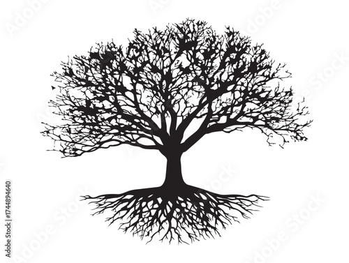 Fantasy Style Tree With Glowing Roots Solid Black Vector Art