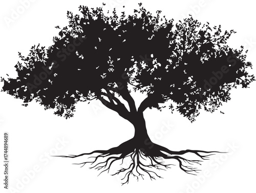 Ethereal Magical Tree With Flowing Roots Black Silhouette Design