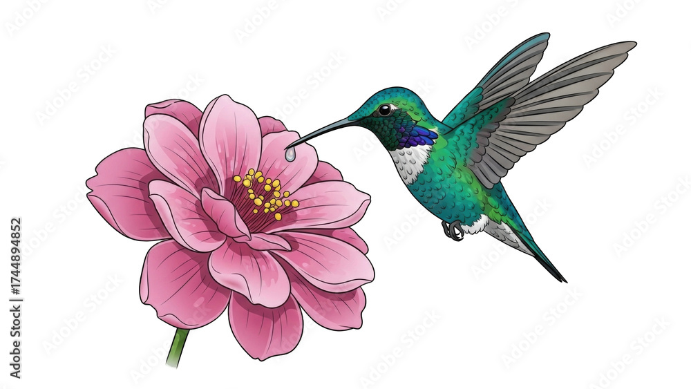 Obraz premium Hummingbird Feeding on Pink Flower in Vibrant Scene