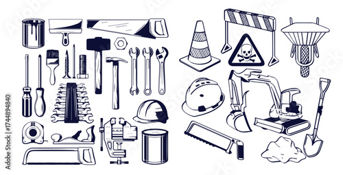 Hand drawn doodle set with repair tools