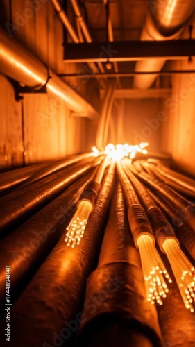 Fiber Optic Cables Illuminated in a Data Center.