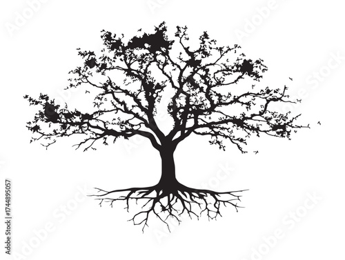 Dreamlike Tree With Flowing Root System Solid Black Vector Art