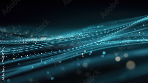 Abstract digital landscape of glowing data streams flowing into an organized network grid, symbolizing governance and structure. 