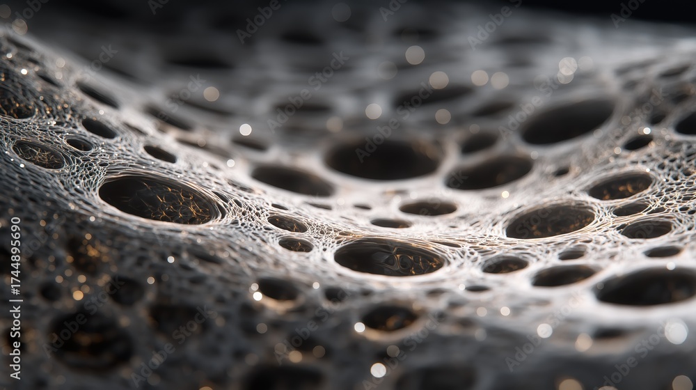 Fototapeta premium Close-up of futuristic artificial skin, hyper-detailed surface texture showing nano-fibers and synthetic pores, photorealistic biomedical design, cinematic lighting, ultra sharp focus.