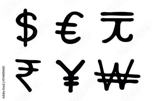 Hand drawn multiple currencies symbol set Dollar euro yuan yen won rupee