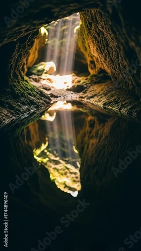 Sunlight Illuminates Cave Interior with Reflective Water.