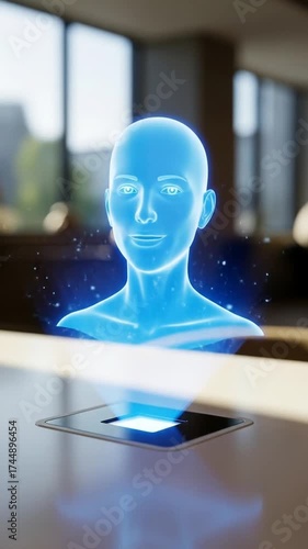Futuristic Hologram Head Displaying Information in Office Setting.