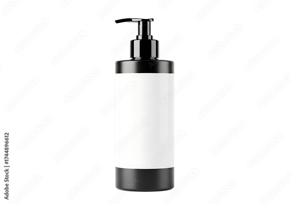 Obraz premium Black and white pump bottle with blank label, isolated on transparent background
